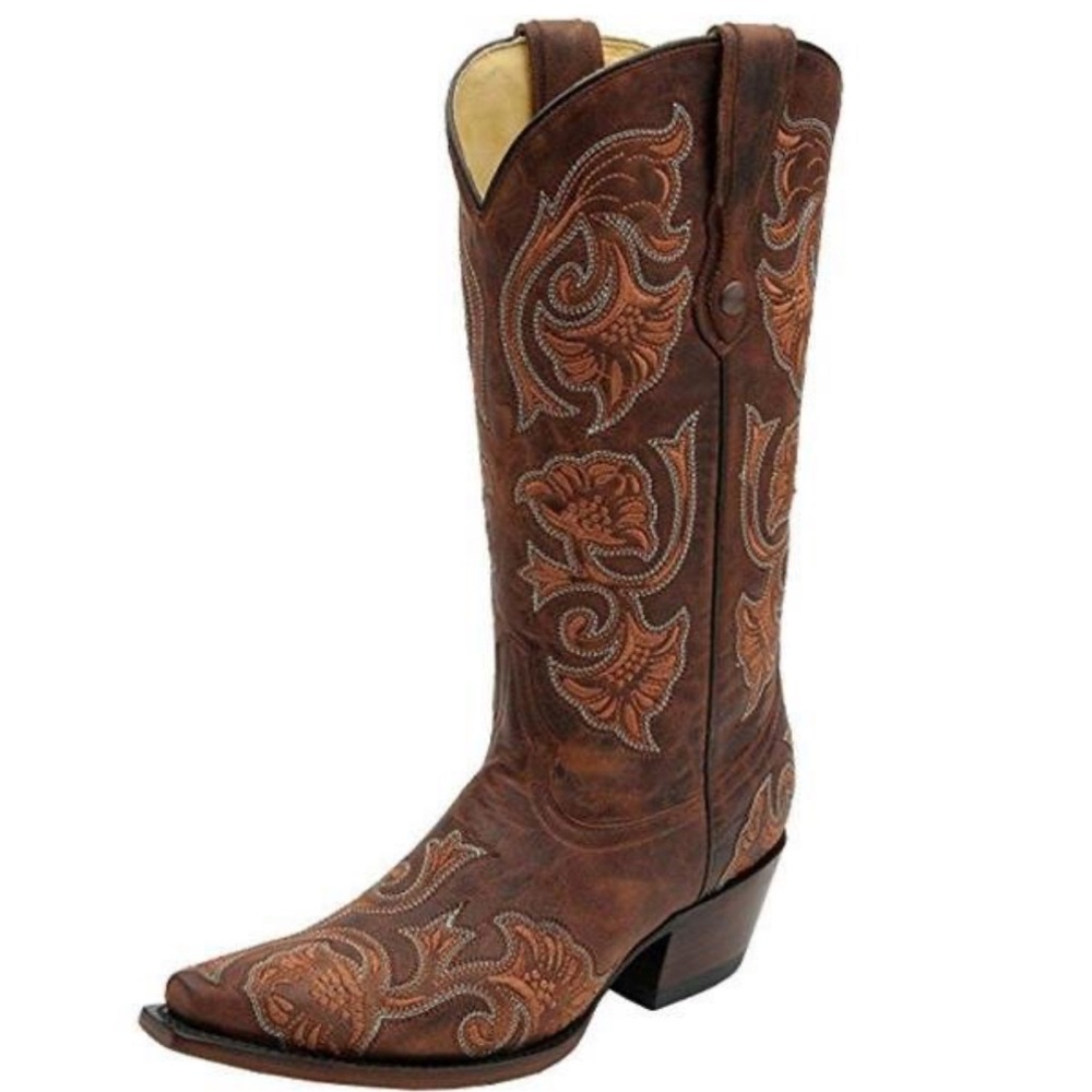 Brown Embroidered Heeled Boots